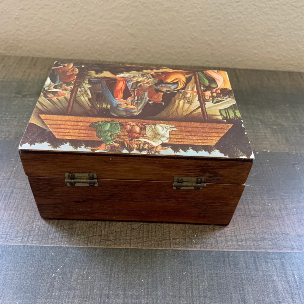 Vintage Nativity Wood Box Religious‎ Christmas Decor Storage Holiday Gift